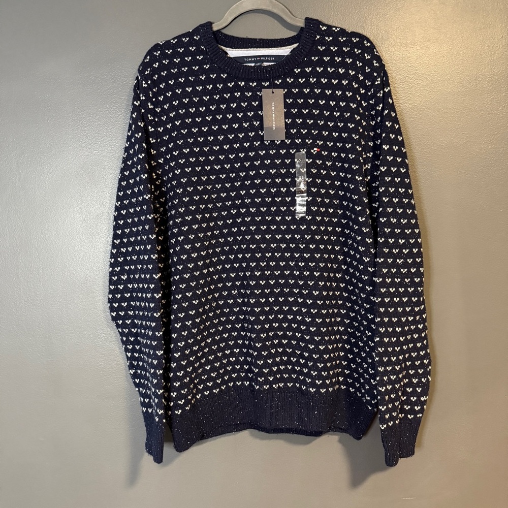 NWT Tommy Hilfiger Men's Navy and White Birdseye Knit Crewneck Sweater, 78a1881